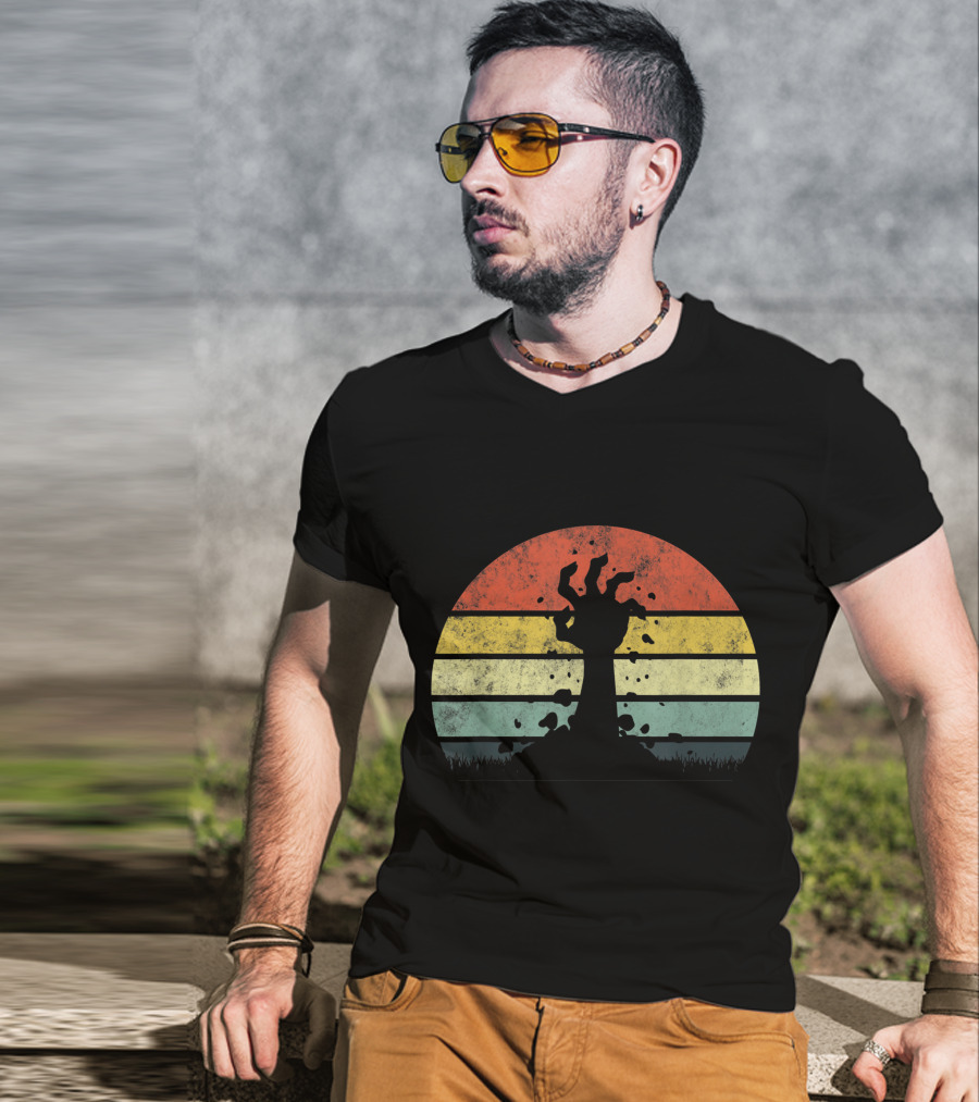 Vintage Retro Scary Zombie Hand Rising In Striped Sunset Background T-Shirt