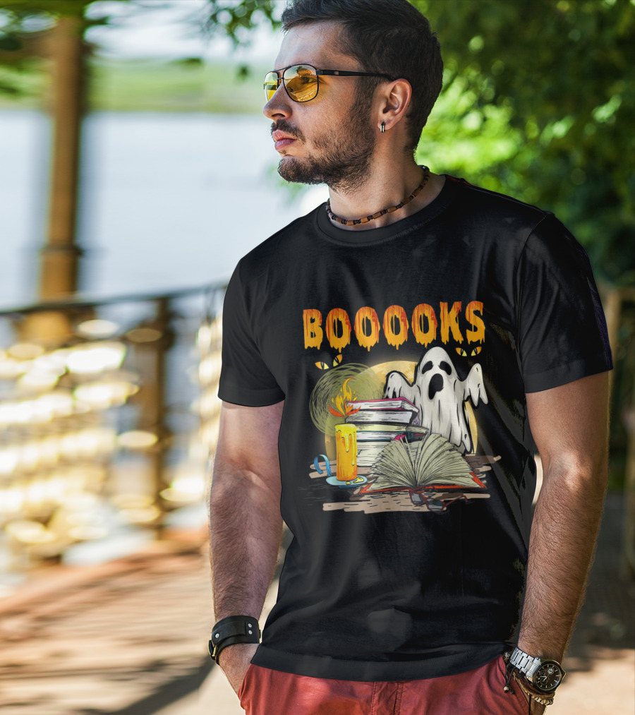BOOOOKS Cute Ghost With Candles And Stacks Of Books T-Shirt