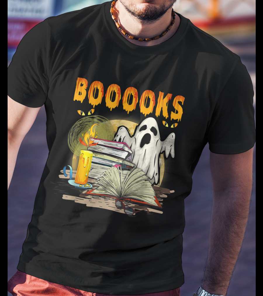 BOOOOKS Cute Ghost With Candles And Stacks Of Books T-Shirt