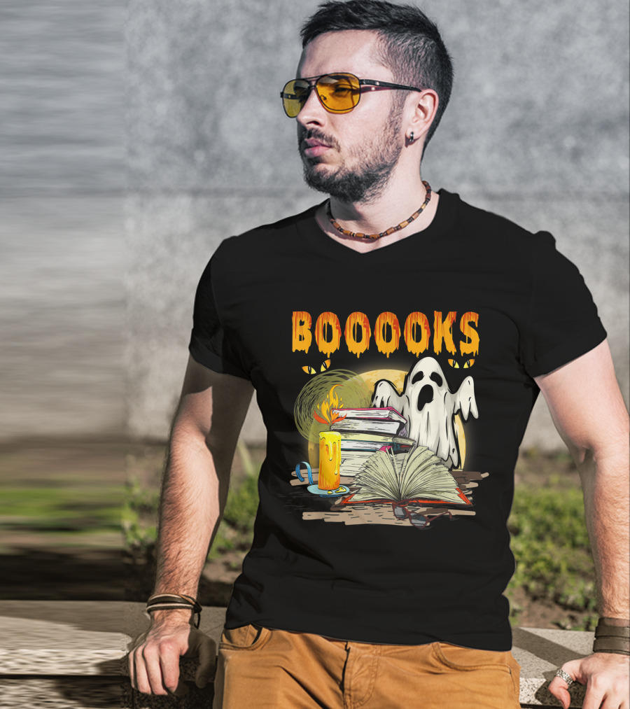 BOOOOKS Cute Ghost With Candles And Stacks Of Books T-Shirt
