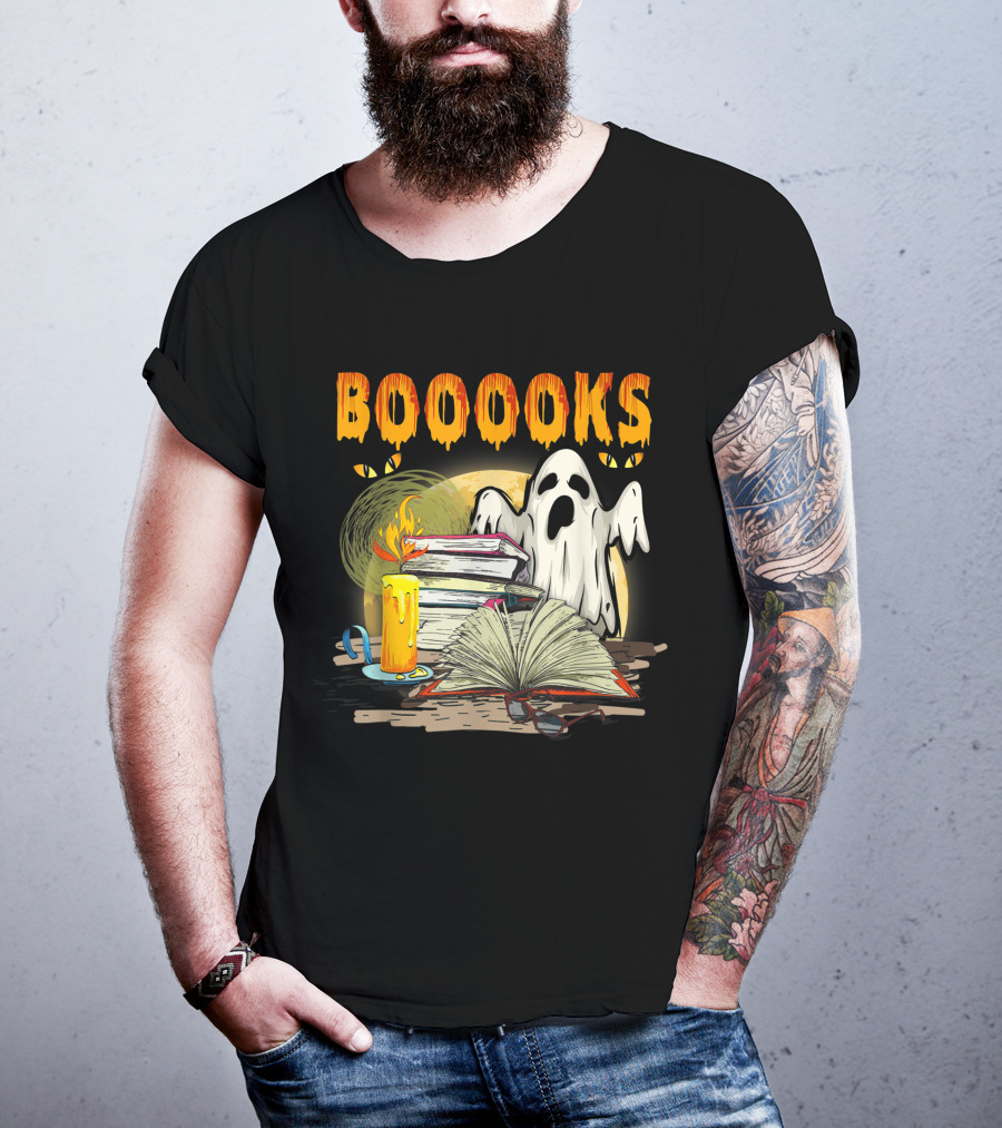 BOOOOKS Cute Ghost With Candles And Stacks Of Books T-Shirt