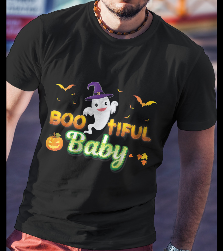 Bootiful Baby Cute Boo Ghost With Witch Hat And Pumpkin T-Shirt