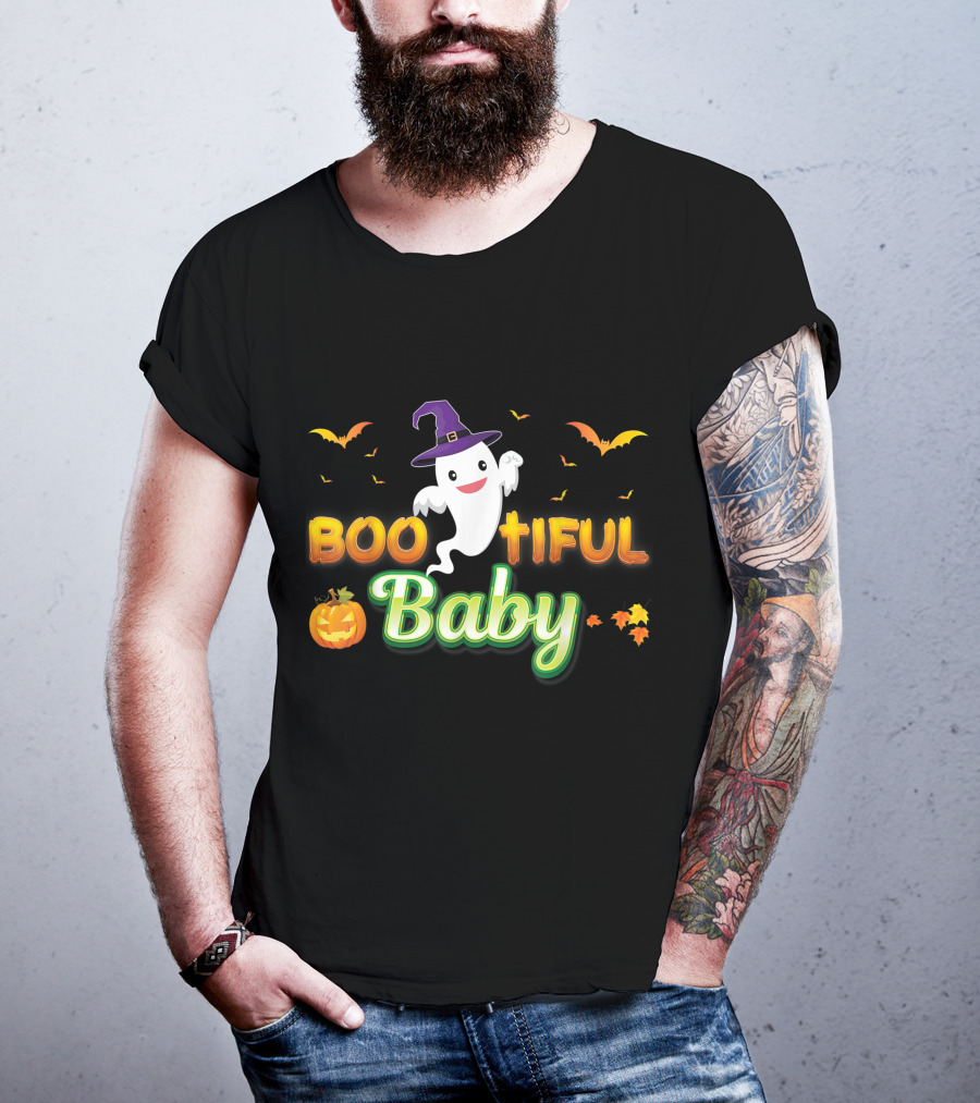Bootiful Baby Cute Boo Ghost With Witch Hat And Pumpkin T-Shirt