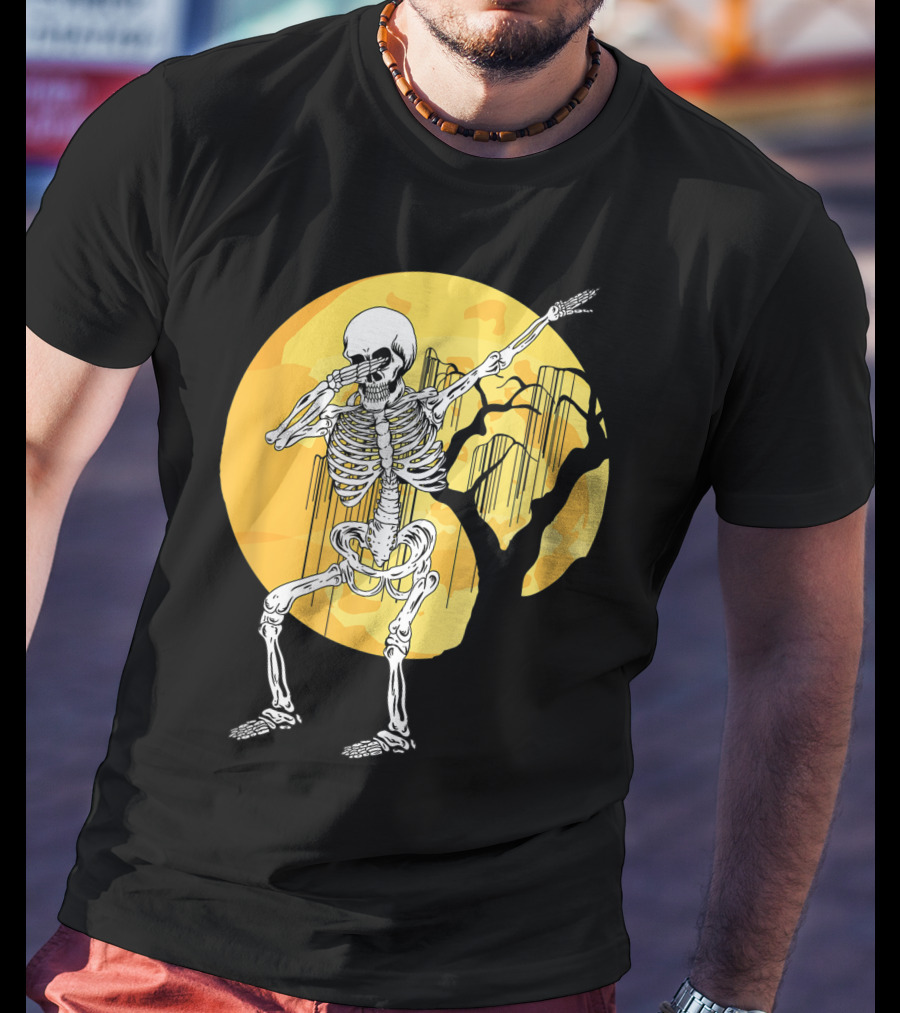 Dabbing Skeleton In Front Of Yellow Moon With Tree T-Shirt