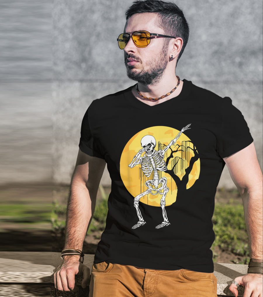 Dabbing Skeleton In Front Of Yellow Moon With Tree T-Shirt