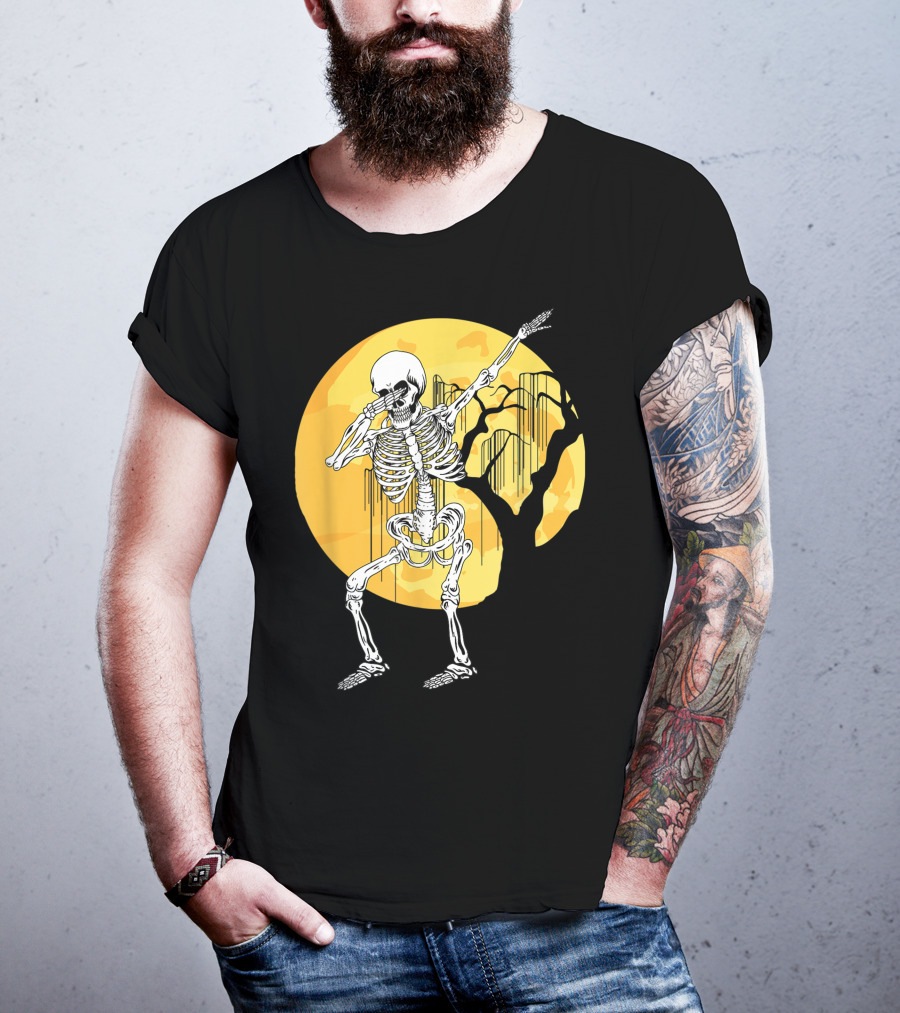 Dabbing Skeleton In Front Of Yellow Moon With Tree T-Shirt