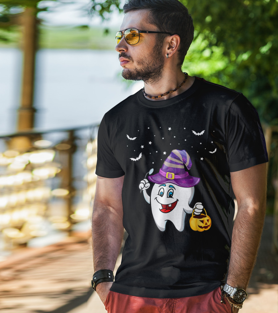 Dentist Halloween Tooth Witch Hat Pumpkin Dental Hygienist Dental Assistant T-Shirt
