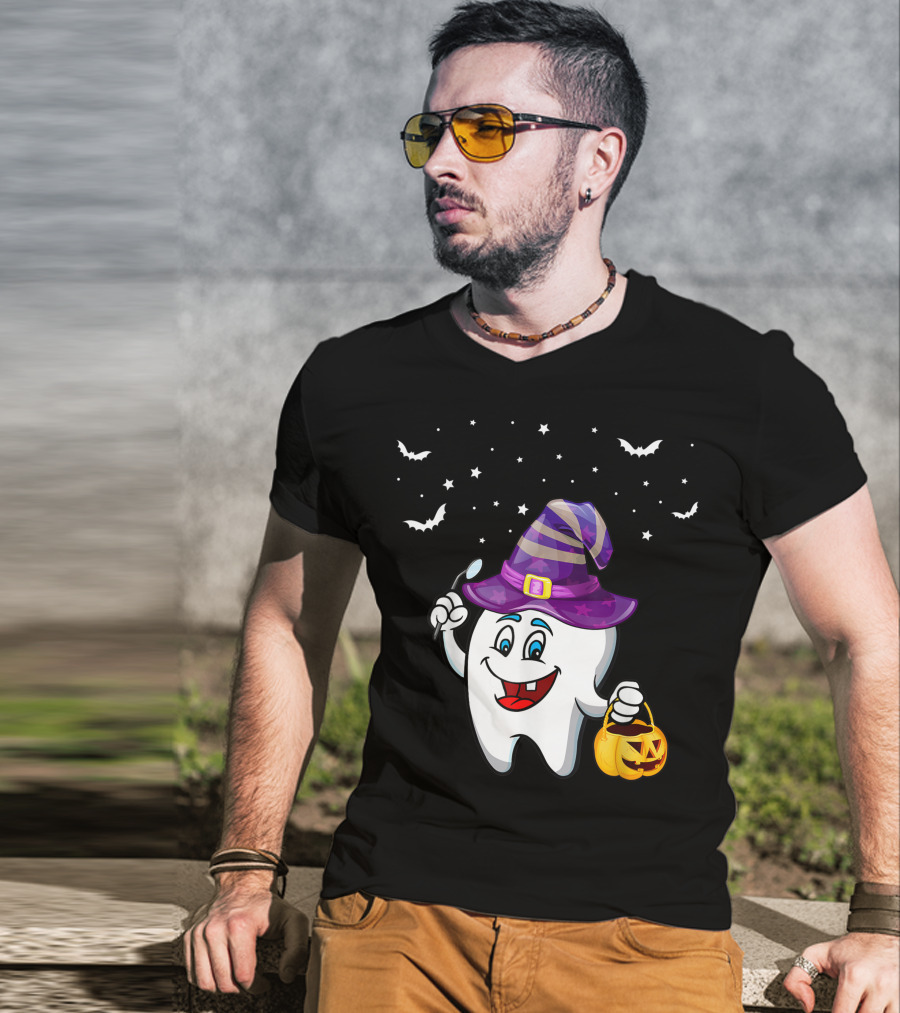 Dentist Halloween Tooth Witch Hat Pumpkin Dental Hygienist Dental Assistant T-Shirt