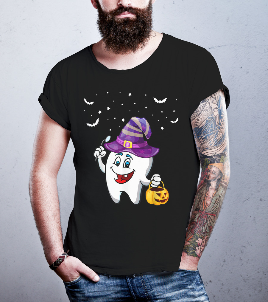 Dentist Halloween Tooth Witch Hat Pumpkin Dental Hygienist Dental Assistant T-Shirt