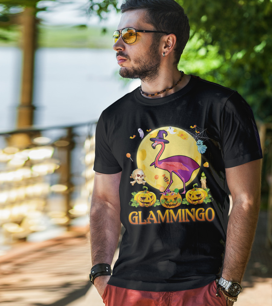 Glammingo Witch Flamingo Halloween Pumpkin Moon Ghosts Skulls Candy T-Shirt