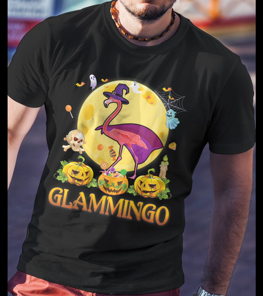 Glammingo Witch Flamingo Halloween Pumpkin Moon Ghosts Skulls Candy T-Shirt