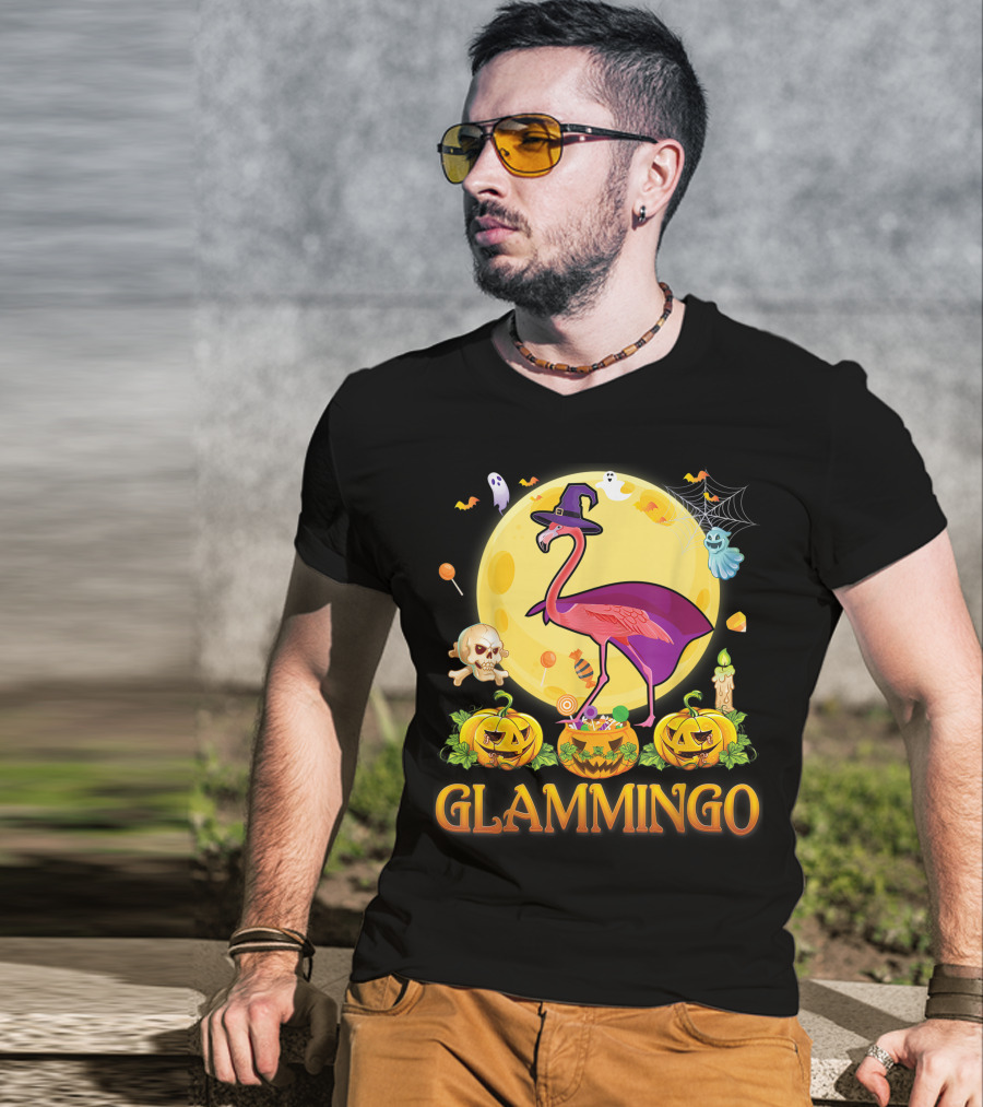 Glammingo Witch Flamingo Halloween Pumpkin Moon Ghosts Skulls Candy T-Shirt