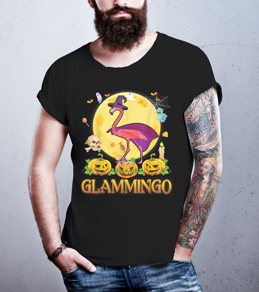 Glammingo Witch Flamingo Halloween Pumpkin Moon Ghosts Skulls Candy T-Shirt