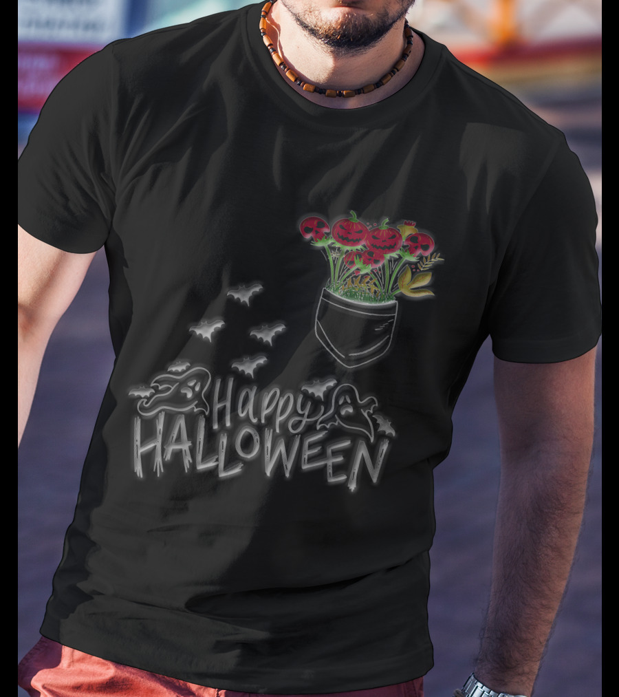 Happy Halloween Spooky Ghost Bat Pumpkin Flower Pocket T-Shirt