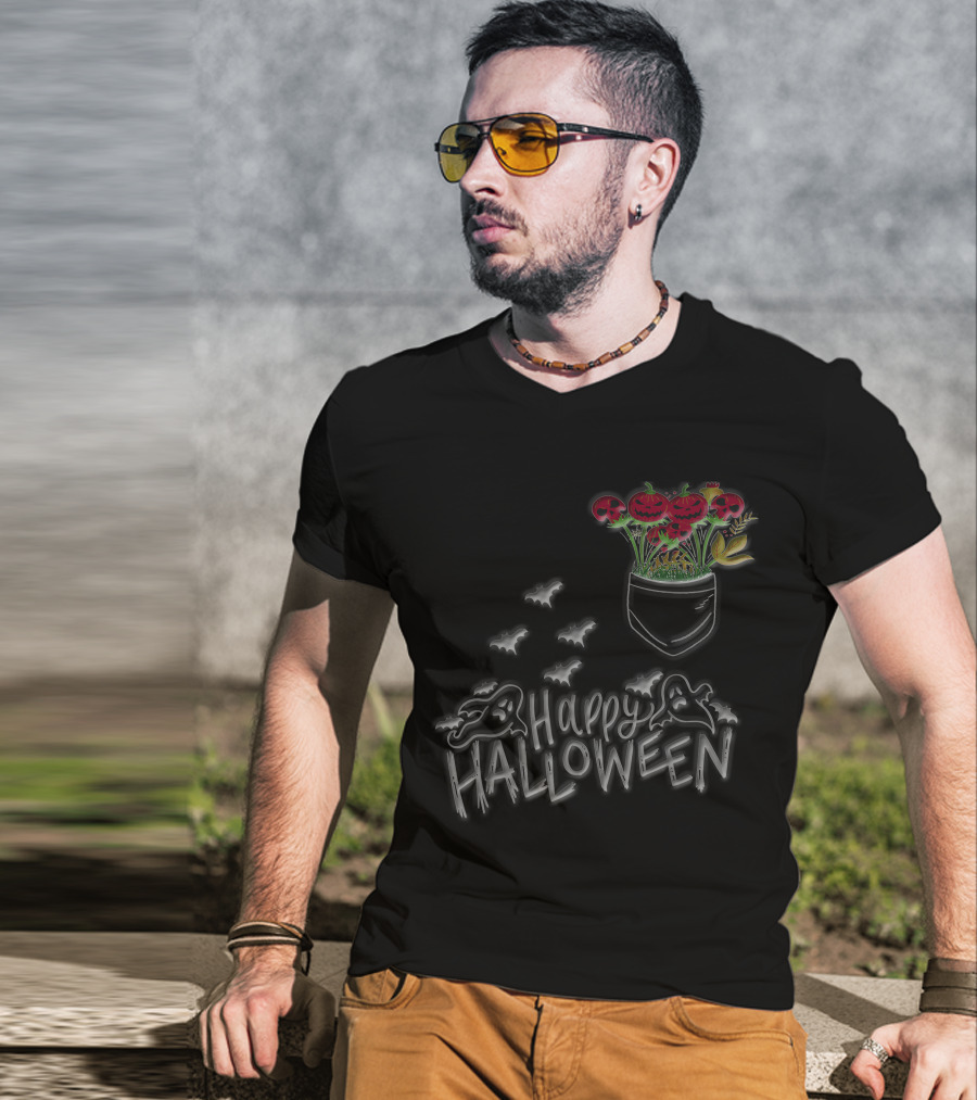 Happy Halloween Spooky Ghost Bat Pumpkin Flower Pocket T-Shirt
