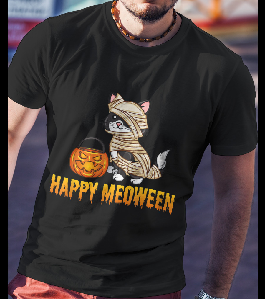 Happy Meoween Cute Cat Mummy With Pumpkin T-Shirt