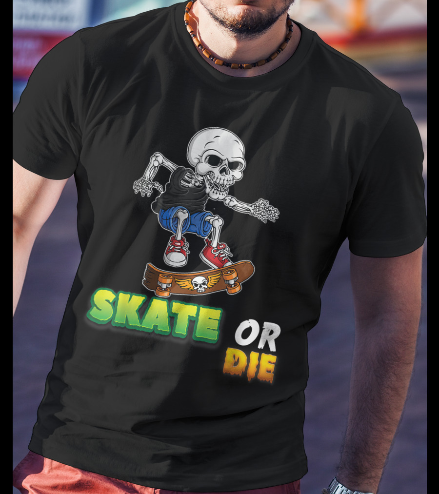 Skate Or Die Skeleton Skating Skull On Skateboard T-Shirt