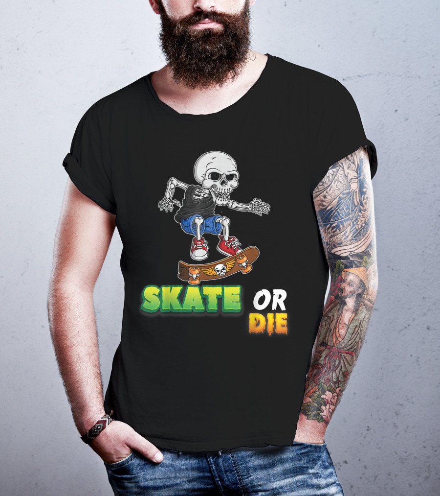 Skate Or Die Skeleton Skating Skull On Skateboard T-Shirt