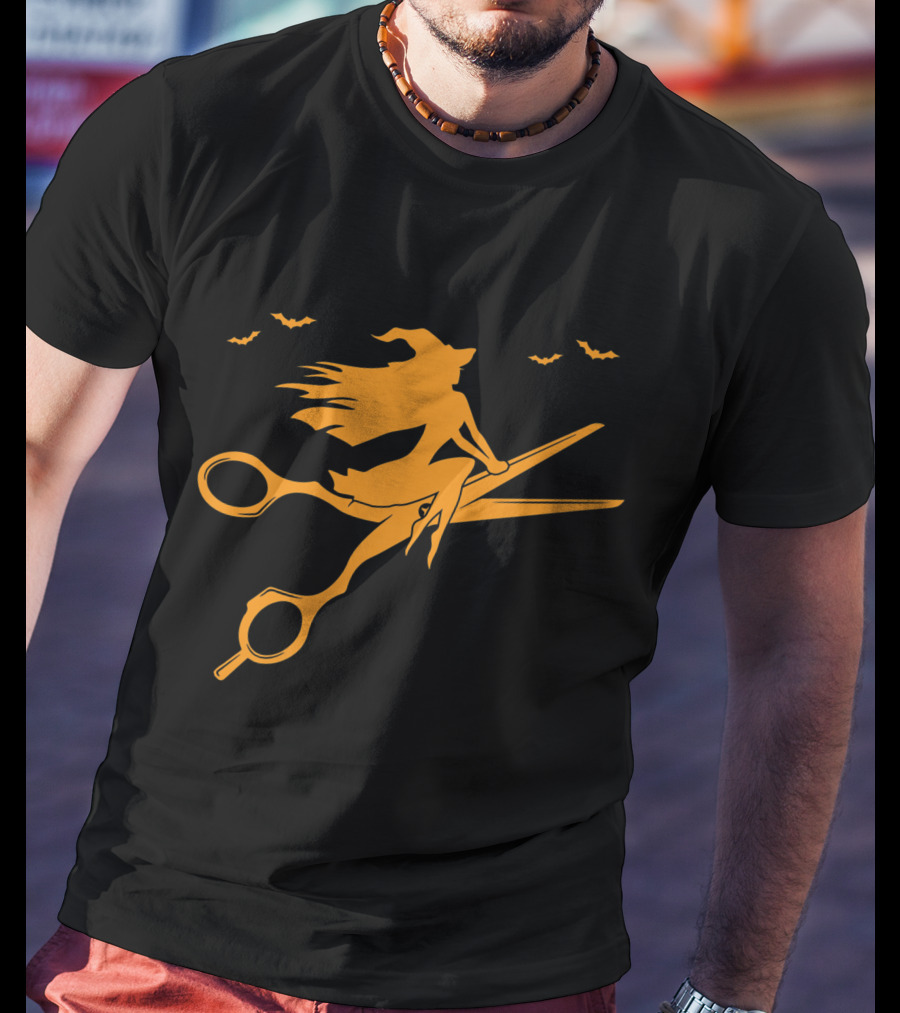 Witch On Scissors Broom With Bats Hair Stylist T-Shirt