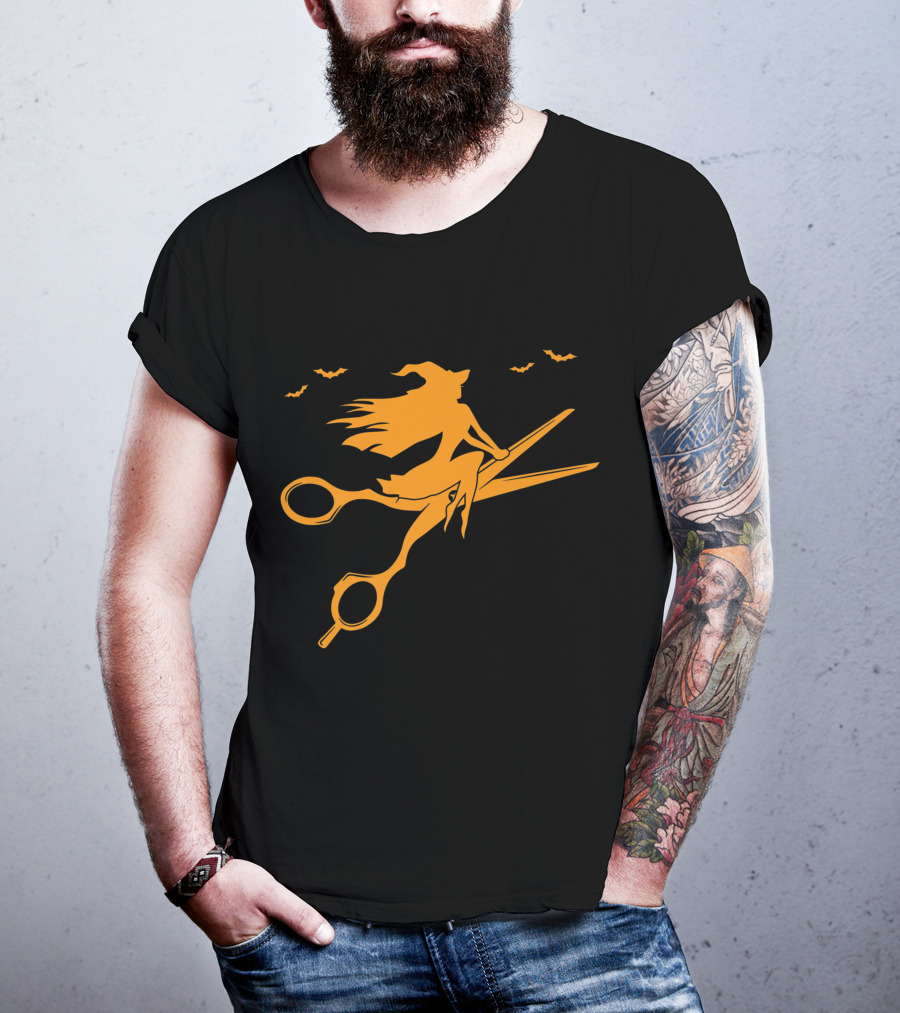 Witch On Scissors Broom With Bats Hair Stylist T-Shirt