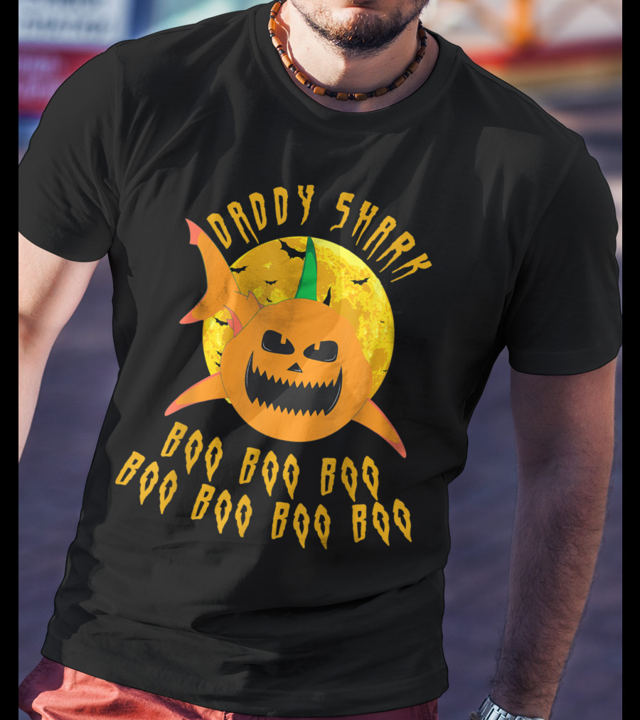 Daddy Shark Halloween Boo Boo Pumpkin Moon T-Shirt