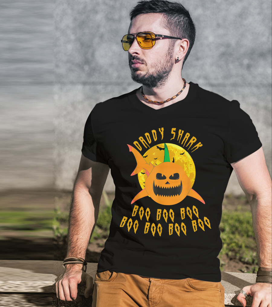 Daddy Shark Halloween Boo Boo Pumpkin Moon T-Shirt