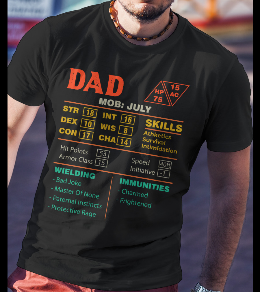 Dad Stats Character Sheet MOB July STR DEX CON INT WIS CHA Skills Hit Points Armor Class Wielding Immunities T-Shirt