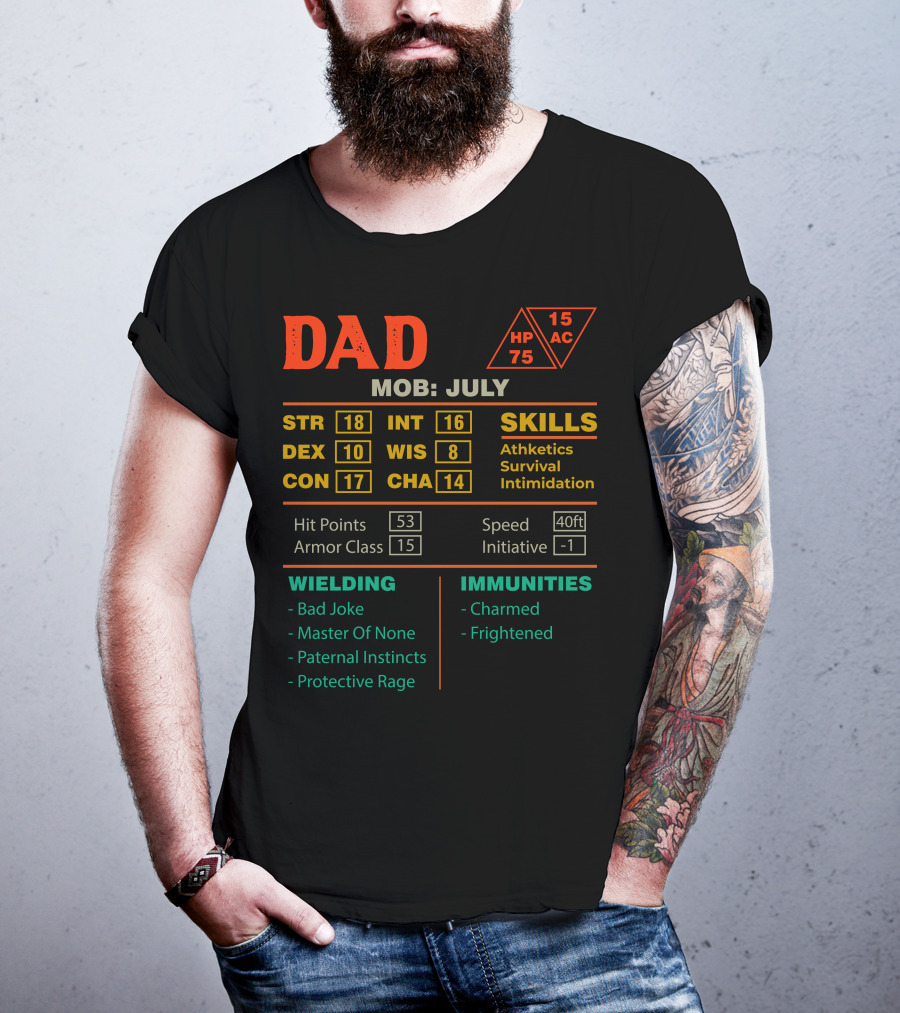 Dad Stats Character Sheet MOB July STR DEX CON INT WIS CHA Skills Hit Points Armor Class Wielding Immunities T-Shirt
