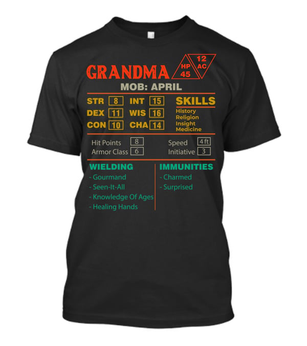 Grandma Stats Character Sheet MOB April Skills Hit Points Armor Class Wielding Immunities T-Shirt