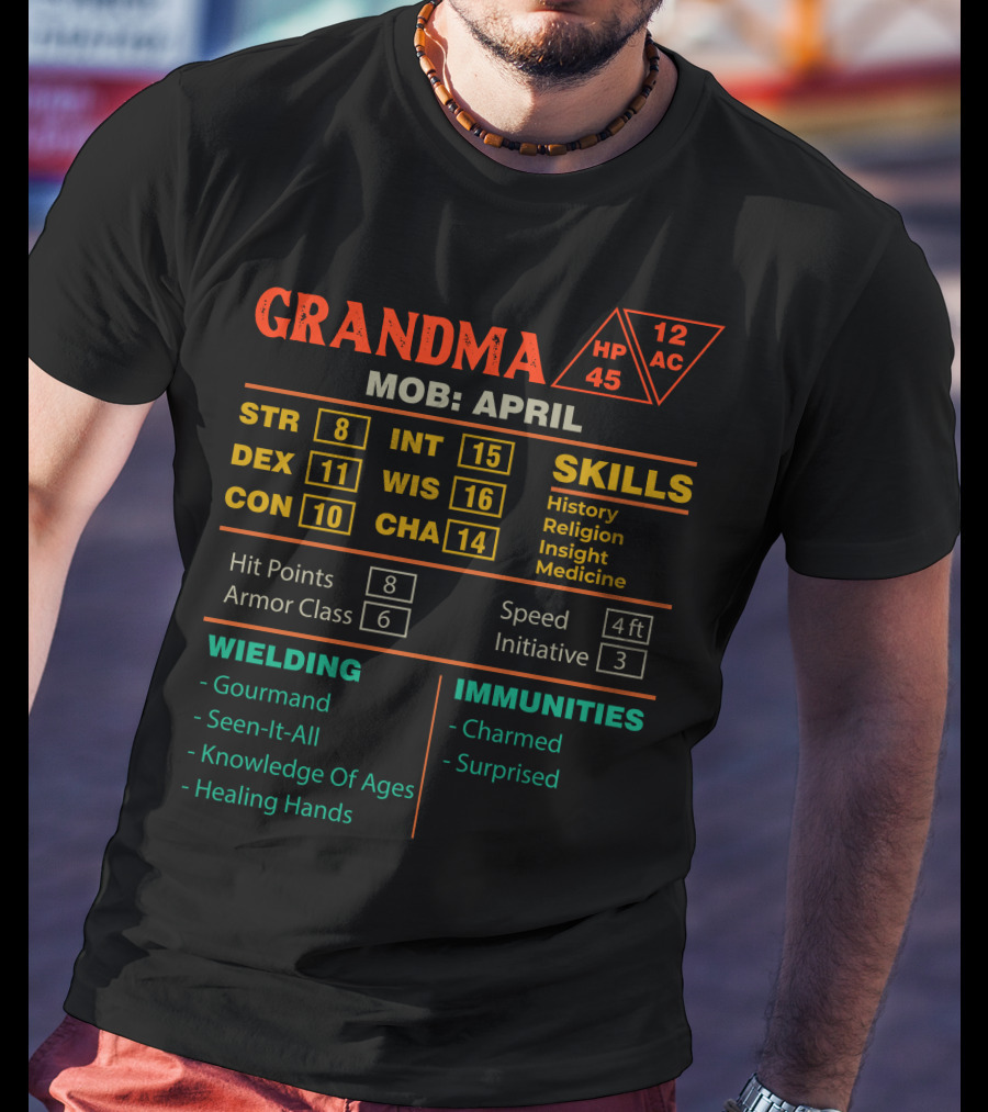 Grandma Stats Character Sheet MOB April Skills Hit Points Armor Class Wielding Immunities T-Shirt