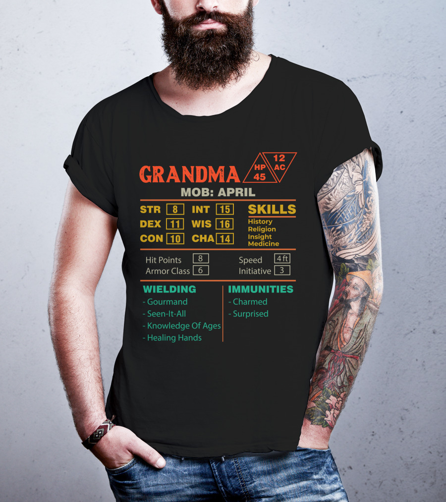 Grandma Stats Character Sheet MOB April Skills Hit Points Armor Class Wielding Immunities T-Shirt