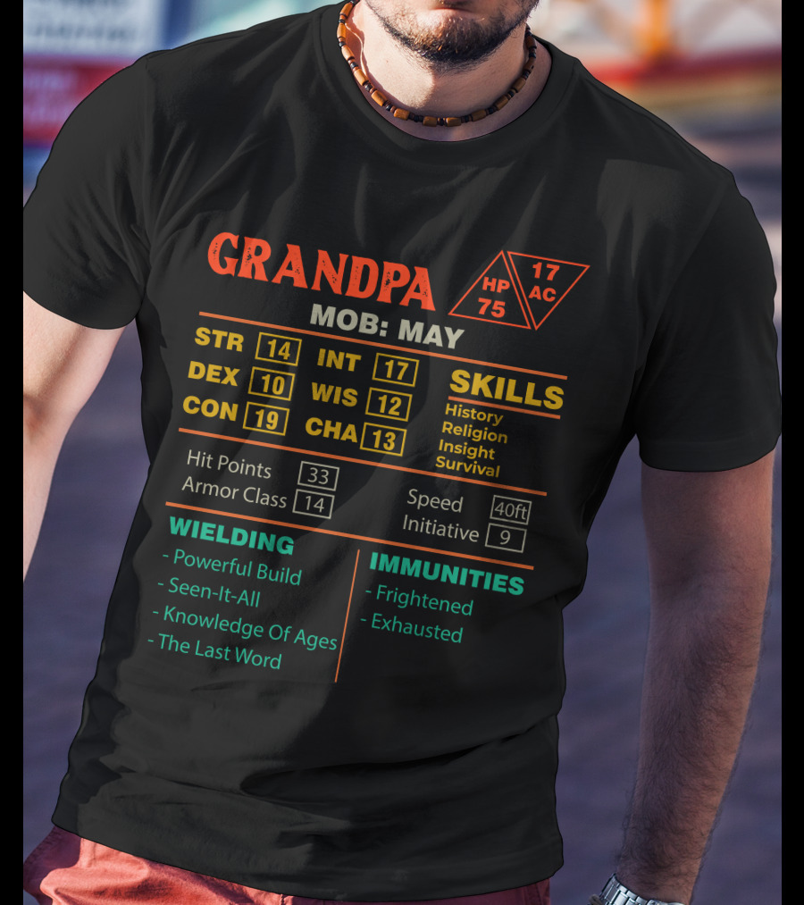 Grandpa Character Stats Sheet Mob May STR DEX CON INT WIS CHA Skills Wielding Immunities T-Shirt
