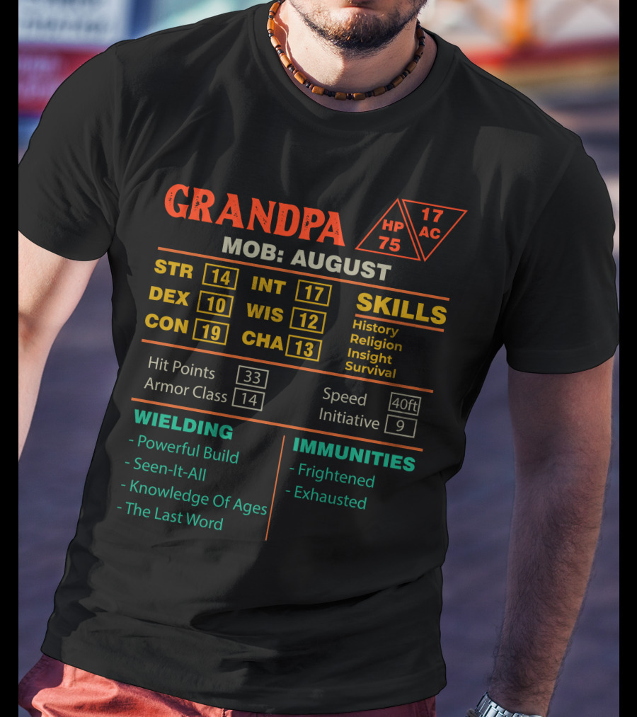 Grandpa Stats Character Sheet MOB August HP 75 AC 17 Skills History Religion Insight Survival T-Shirt