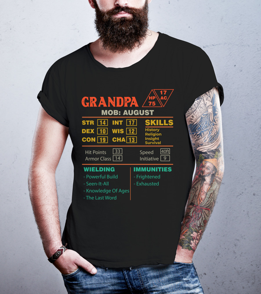 Grandpa Stats Character Sheet MOB August HP 75 AC 17 Skills History Religion Insight Survival T-Shirt