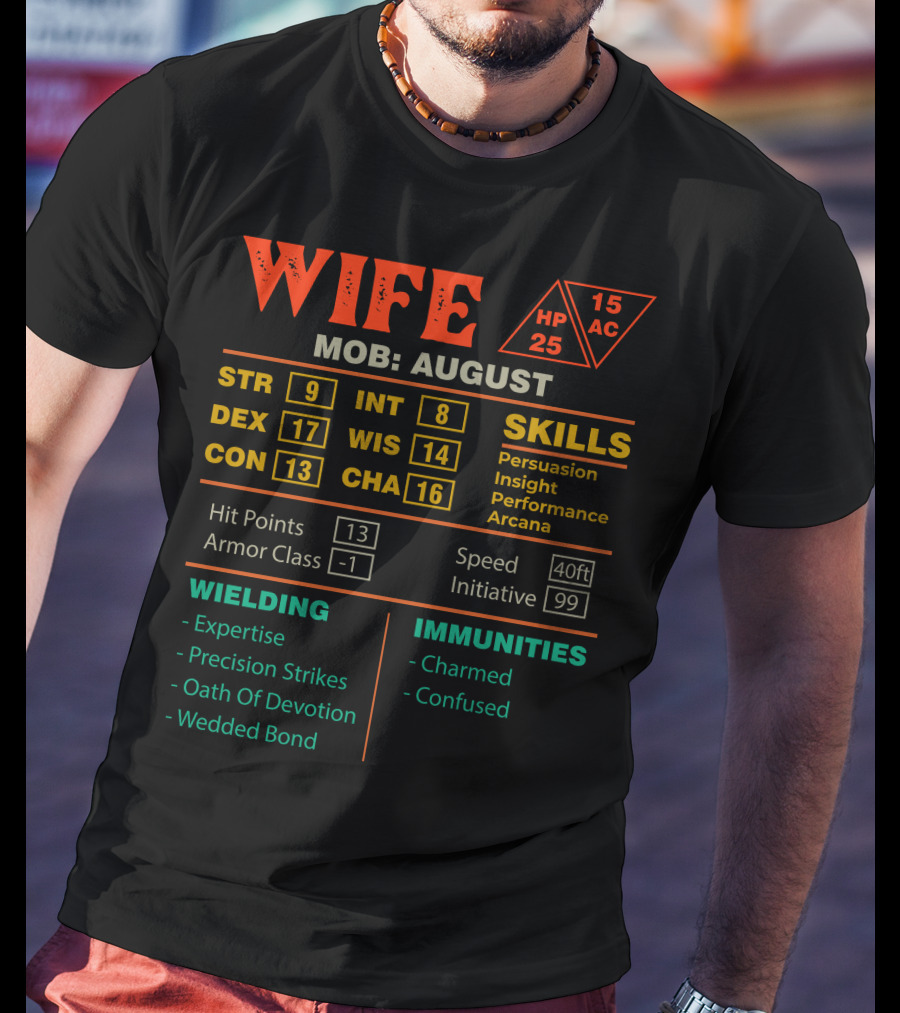 Wife Stats Character Sheet MOB August Skills Hit Points Armor Class Wielding Immunities T-Shirt
