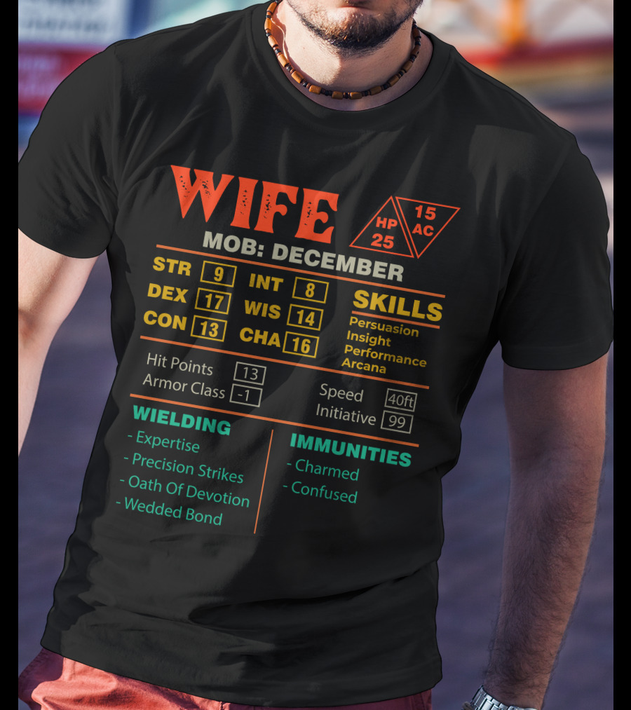 Wife Character Stats December DEX Skills Mob Expertise Immunities T-Shirt