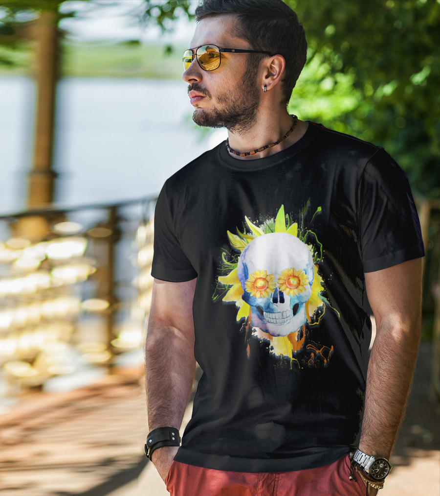 Dia De Los Muertos Halloween Sunflower Skull With Colorful Explosion Background T-Shirt