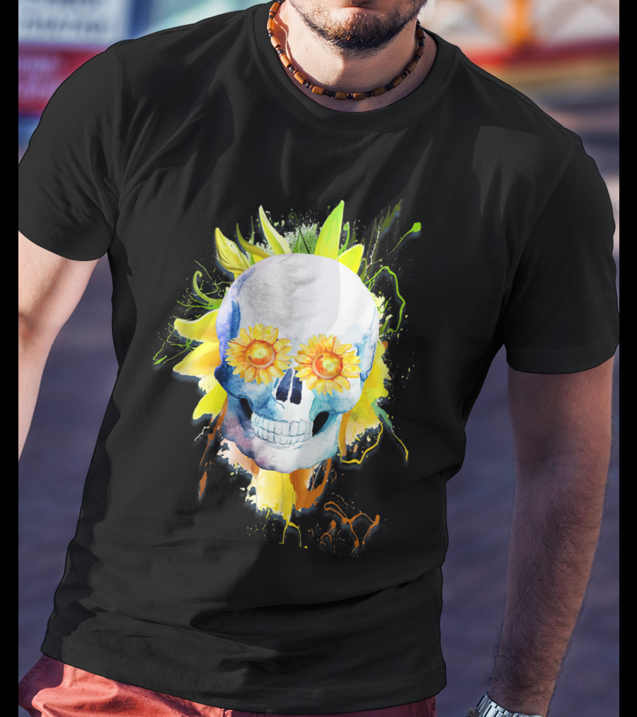 Dia De Los Muertos Halloween Sunflower Skull With Colorful Explosion Background T-Shirt