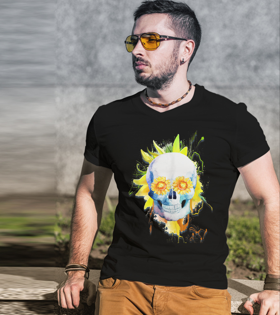 Dia De Los Muertos Halloween Sunflower Skull With Colorful Explosion Background T-Shirt