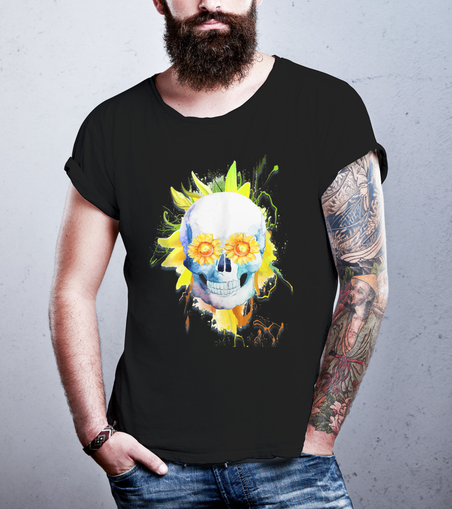Dia De Los Muertos Halloween Sunflower Skull With Colorful Explosion Background T-Shirt