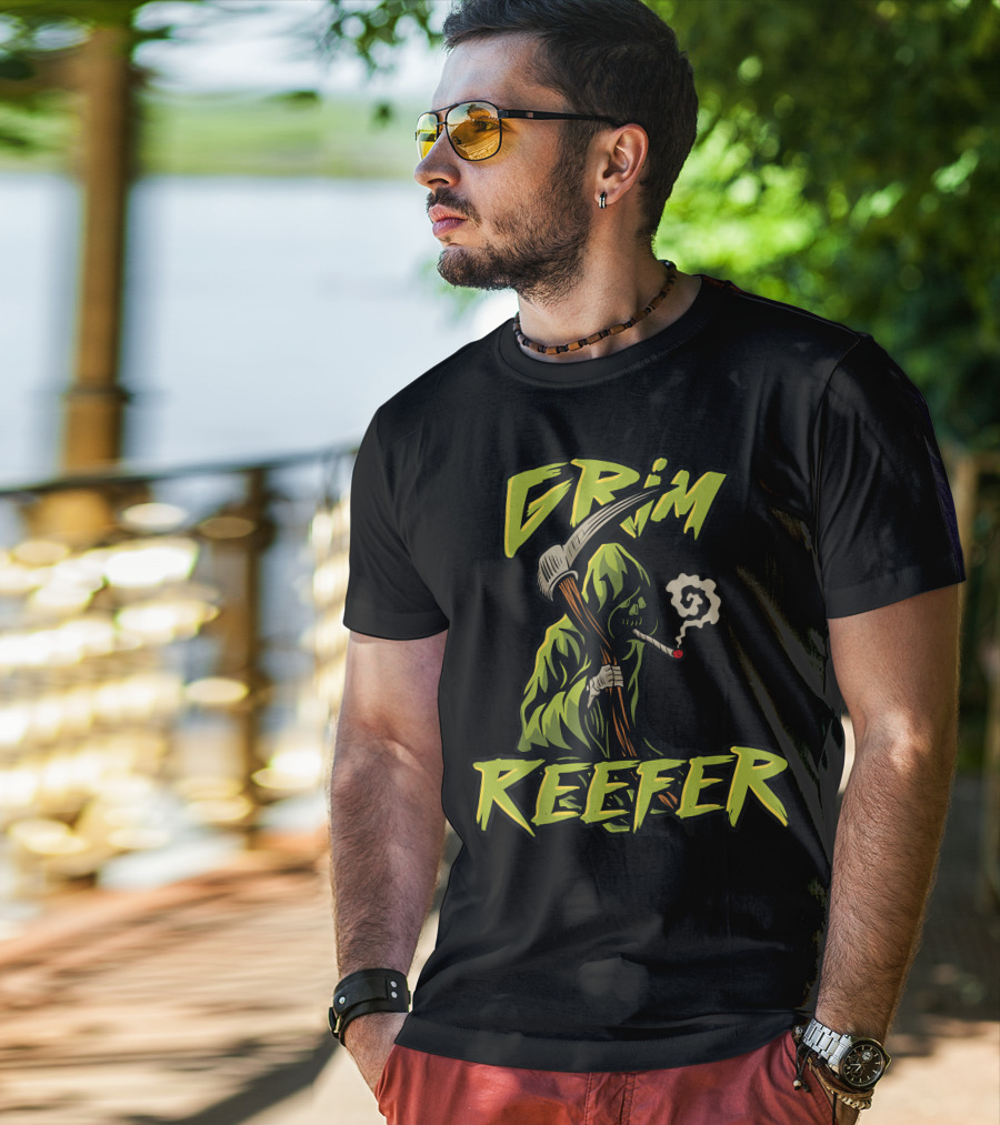 Grim Reefer Grim Reaper Smoking Weed Marijuana THC T-Shirt