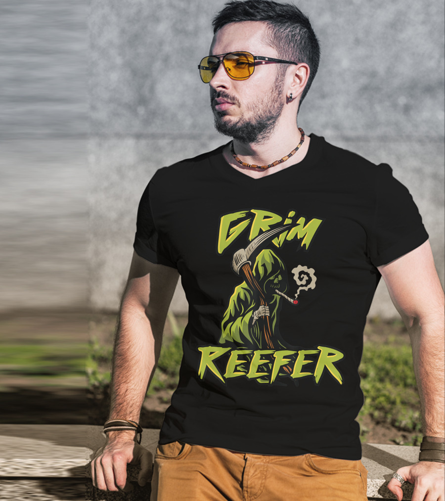 Grim Reefer Grim Reaper Smoking Weed Marijuana THC T-Shirt