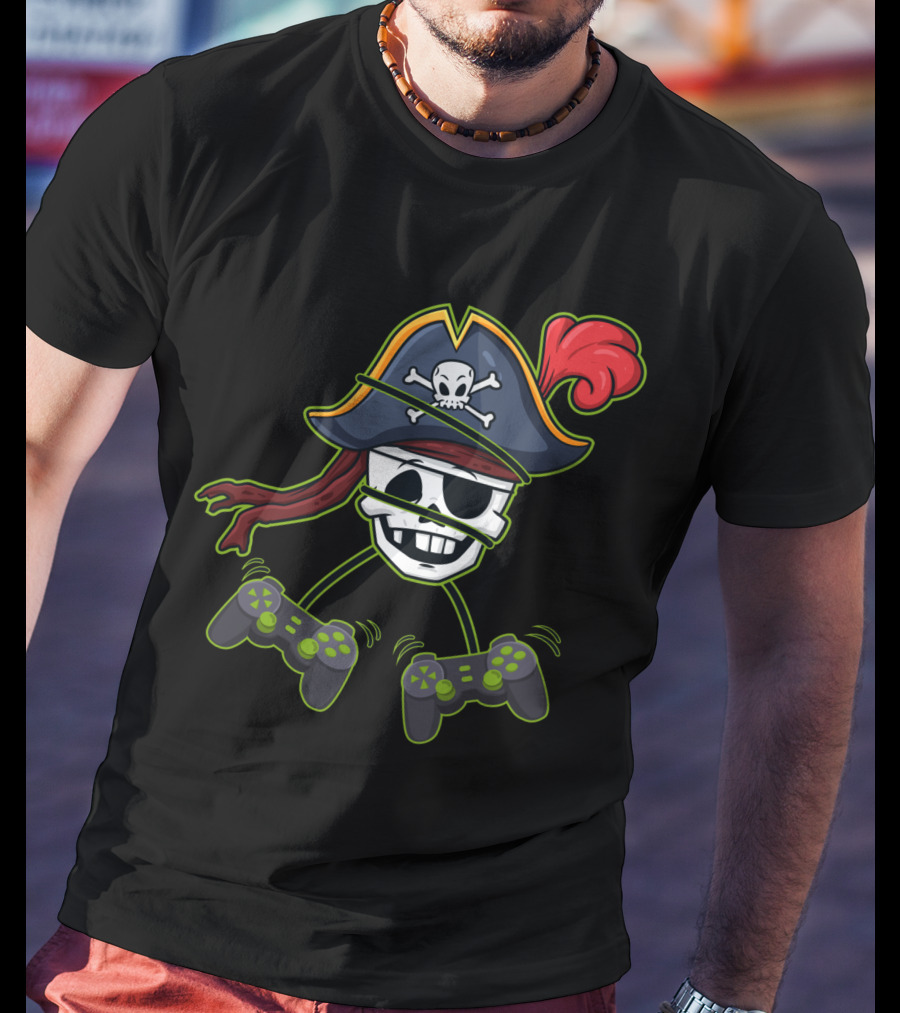 Halloween Pirate Skeleton Video Gamer Controllers Playful Skull Hat T-Shirt