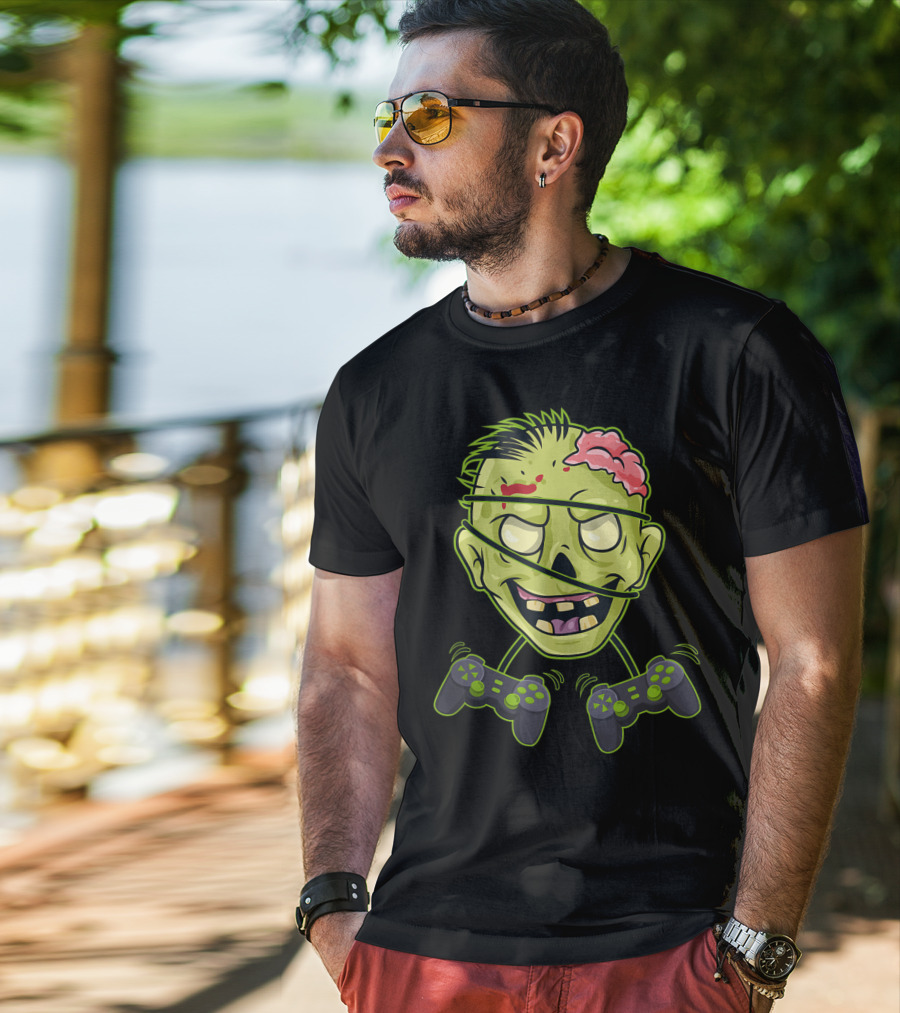 Halloween Zombie Gamer Controller Head With Split Expression T-Shirt