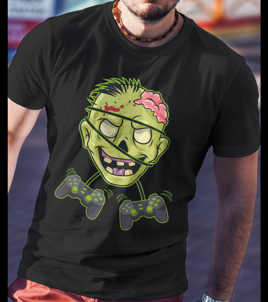 Halloween Zombie Gamer Controller Head With Split Expression T-Shirt