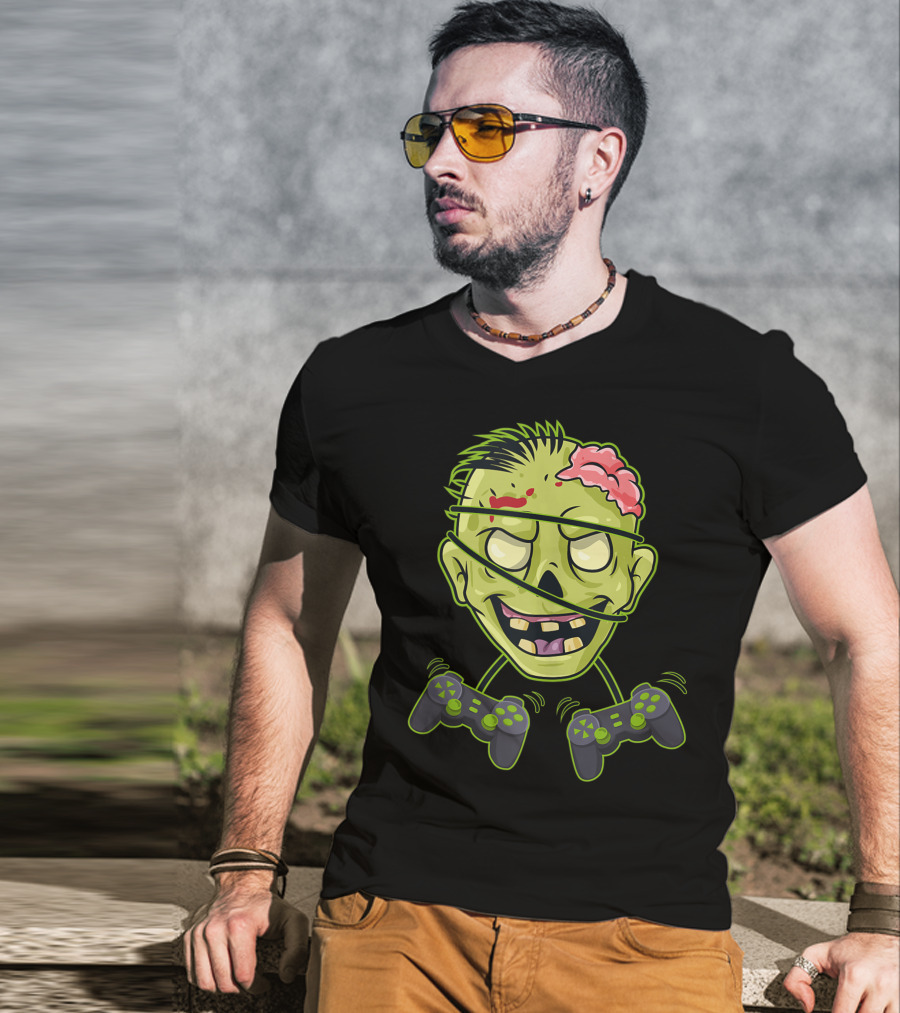 Halloween Zombie Gamer Controller Head With Split Expression T-Shirt