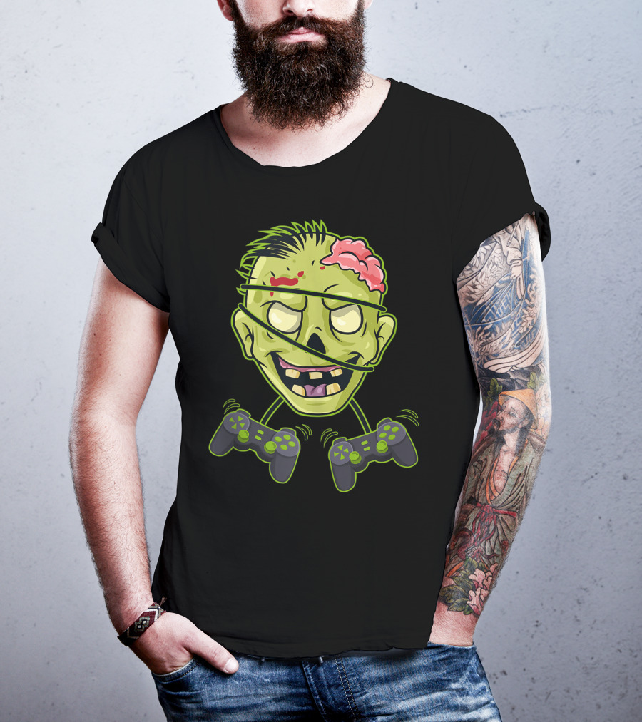 Halloween Zombie Gamer Controller Head With Split Expression T-Shirt