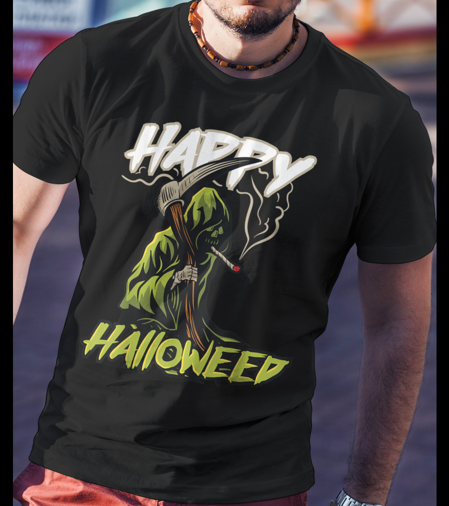 Happy Halloweed Grim Reaper Smoking Weed Cannabis T-Shirt