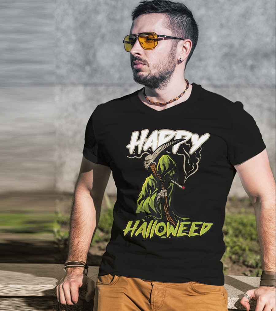 Happy Halloweed Grim Reaper Smoking Weed Cannabis T-Shirt