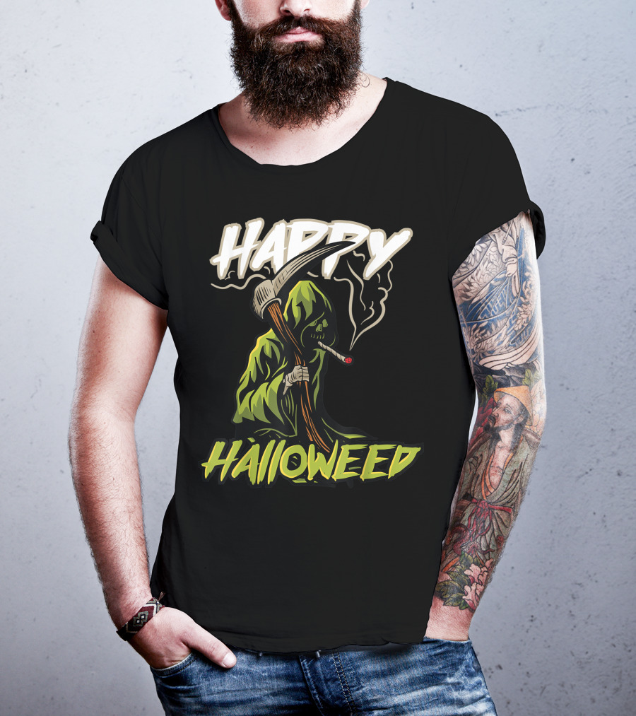 Happy Halloweed Grim Reaper Smoking Weed Cannabis T-Shirt
